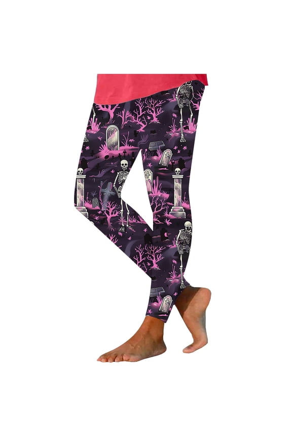 Women's High Waisted Pants Women's Fashion Halloween Skeleton Print Leggings with Yoga Sport Elastic Pants S-191 Pink-a L