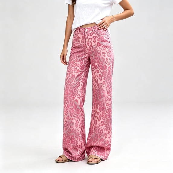 Women's High Waisted Pink Leopard Print Wide Leg Jeans Baggy Denim Pants