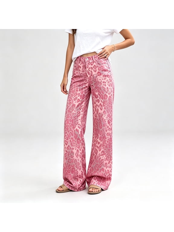 Women's High Waisted Pink Leopard Print Wide Leg Jeans Baggy Denim Pants