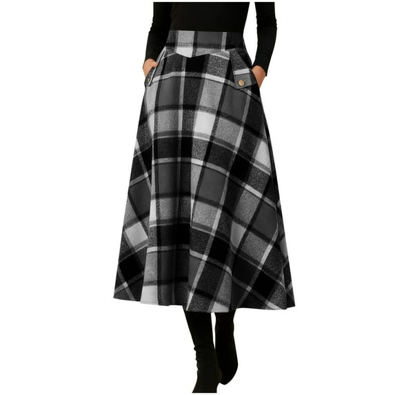 Women's High-Waisted Plaid A-Line Maxi Skirt - Elastic Waist Flowy Swing Skirt with Pockets A-Line Pleated Tartan Long Skirts
