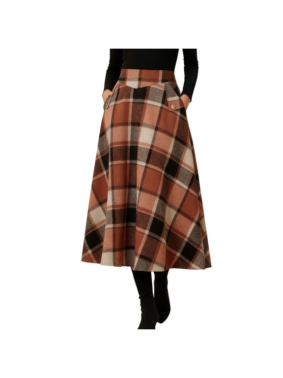 Women's High-Waisted Plaid A-Line Maxi Skirt - Elastic Waist Flowy Swing Skirt with Pockets A-Line Pleated Tartan Long Skirts