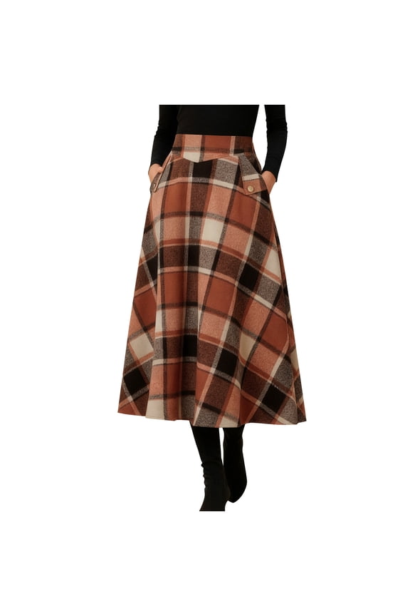 Women's High-Waisted Plaid A-Line Maxi Skirt - Elastic Waist Flowy Swing Skirt with Pockets A-Line Pleated Tartan Long Skirts