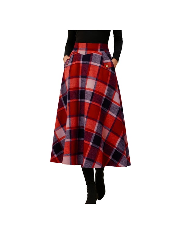 Women's High Waisted Plaid A-line Half Body Large Skirt With Pocket