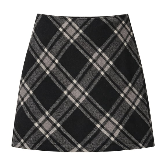 Women's High Waisted Plaid Skirt A‑Line Pencil Short Skirt Comfort Cozy Fall Winter Casual Layering Black,XL