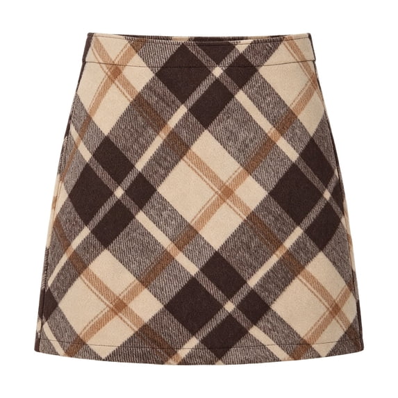 Women's High Waisted Plaid Skirt A‑Line Pencil Short Skirt Comfort Cozy Fall Winter Casual Layering Brown,S