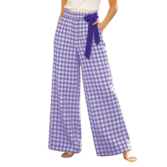 Women's High Waisted Plaid Wide Leg Pants Casual Elastic Waist Trousers With Pockets