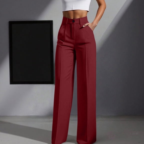 Women's High Waisted Pleated Dress Pants, Straight Leg Wide Leg Work Trousers, Casual Business Pants for Office, Daily Wear and Versatile Outfits Wine S
