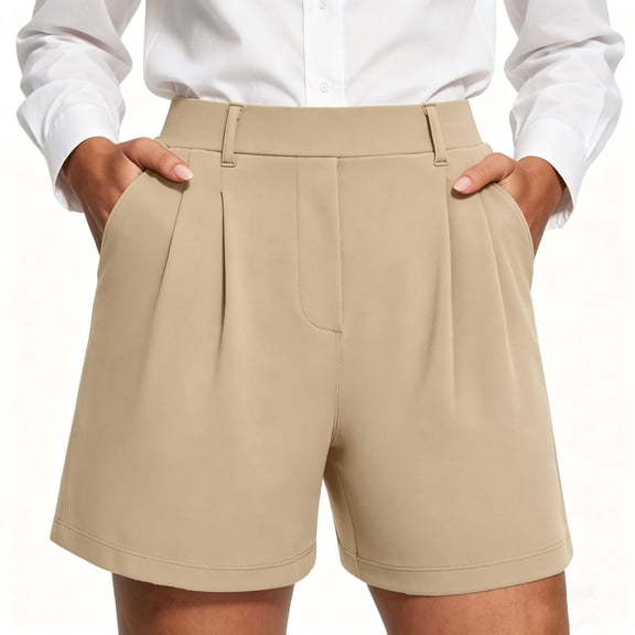 Women's High Waisted Pleated Dress Shorts, Tummy Control Flowy Silhouette, Polyester Blend with Functional Pockets, Casual Work Business Weekend Golf | TruBelle,Khaki L