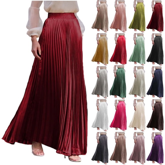 Women’s High Waisted Pleated Maxi Skirt, Elastic Waist Flowy Long Skirt for Casual Work Office Travel Daily Wear