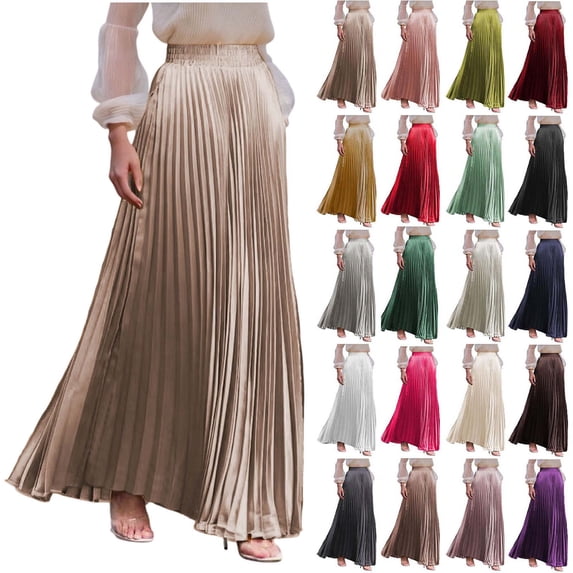 Women’s High Waisted Pleated Maxi Skirt, Elastic Waist Flowy Long Skirt for Casual Work Office Travel Daily Wear