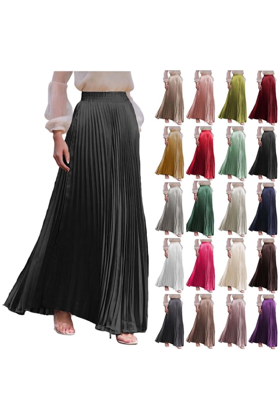 Women’s High Waisted Pleated Maxi Skirt, Elastic Waist Flowy Long Skirt for Casual Work Office Travel Daily Wear