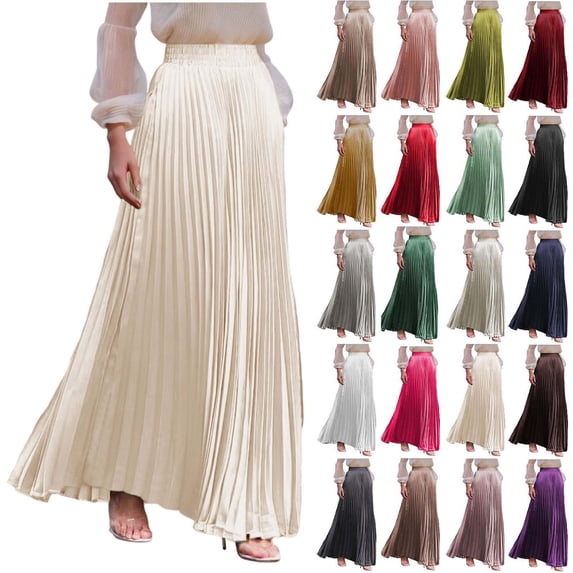 Women’s High Waisted Pleated Maxi Skirt, Elastic Waist Flowy Long Skirt for Casual Work Office Travel Daily Wear