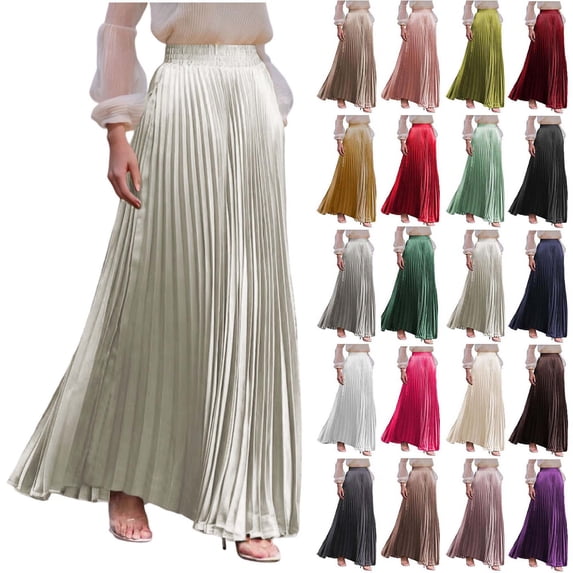 Women’s High Waisted Pleated Maxi Skirt, Elastic Waist Flowy Long Skirt for Casual Work Office Travel Daily Wear