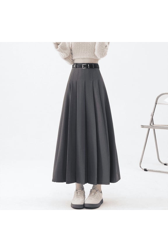 Women’s High-Waisted Pleated Midi Skirt with Belt, Elegant A-Line Flared Suit Skirt, Slimming Fashion Mid-Length Skirt for Office, Casual, and Daily Wear