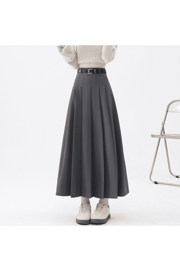 Women’s High-Waisted Pleated Midi Skirt with Belt, Elegant A-Line Flared Suit Skirt, Slimming Fashion Mid-Length Skirt for Office, Casual, and Daily Wear