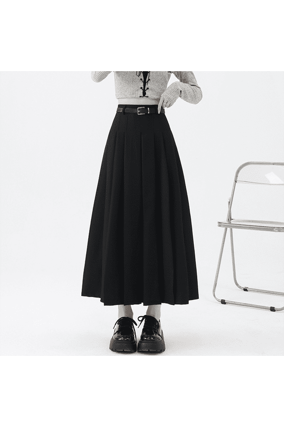 Women’s High-Waisted Pleated Midi Skirt with Belt, Elegant A-Line Flared Suit Skirt, Slimming Fashion Mid-Length Skirt for Office, Casual, and Daily Wear