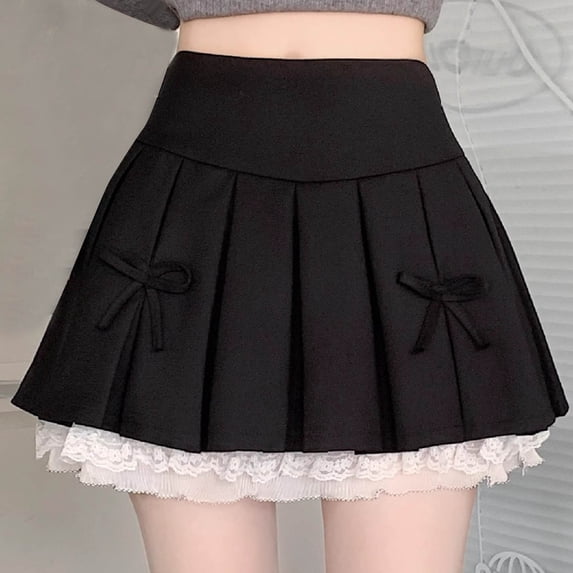 Women's High Waisted Pleated Mini Skirt Cute Bowknot Lace Skort Teen Girls a Line Mini Uniform Skirt with Shorts Black L