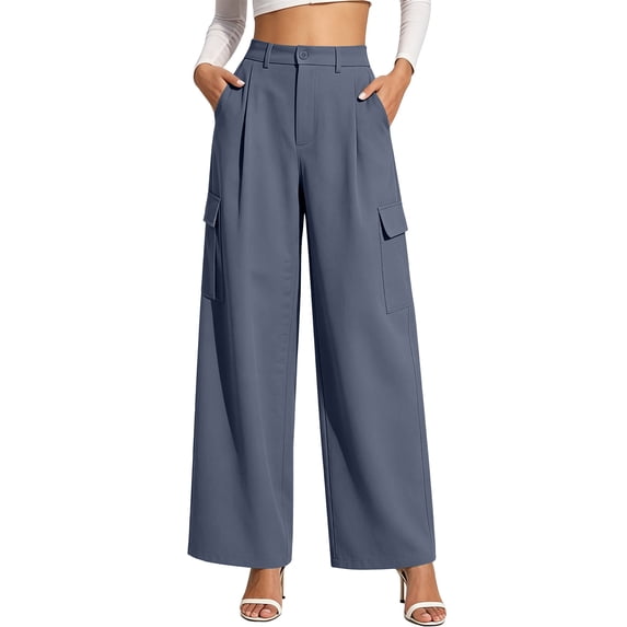 Women's High Waisted Pleated Wide Leg Cargo Pants Casual Loose Pocketed Work Trousers