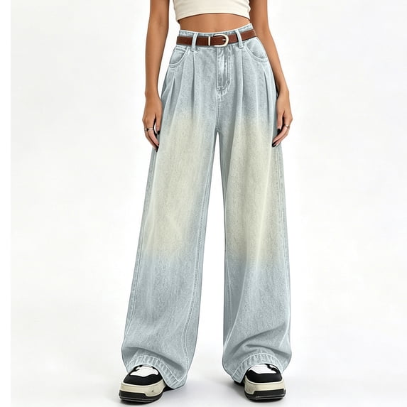 Women's High-Waisted Pleated Wide-Leg Jeans High-Waisted Loose Pleated Wide-Leg Full Length Pants Breathable Stretchy Relaxed Fit Denim for Women