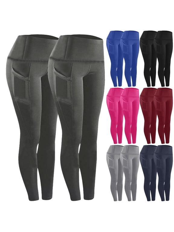 Women's High Waisted Pocket Leggings 2-Pack, Tights Workout Pants, Athletic Yoga Pants with Side Pockets, Stretchy Squat Proof Gym Running Fitness Bottoms for Women, Casual Daily Wear