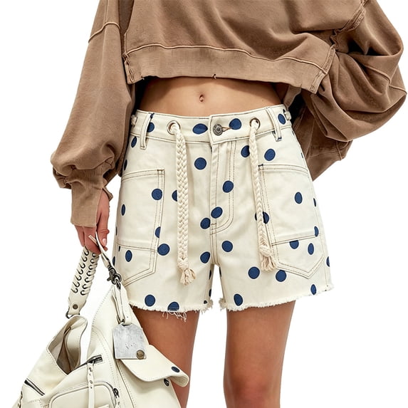 Women’s High Waisted Polka Dot Denim Shorts with Rope Drawstring, Frayed Hem Jean Shorts with Pockets
