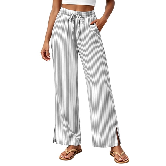 Women's High Waisted Printed Striped Pants Casual Wide Leg Pants Drawstring Elastic Waistband Slit Hem