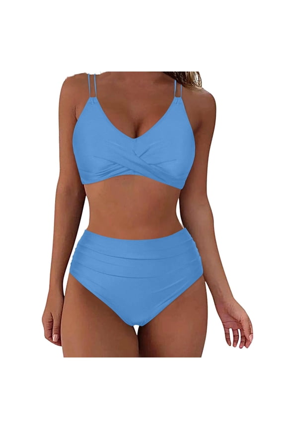Women's High Waisted Push Up Bikini Sets V Neck Twist Front Adjustable Spaghetti Straps Ruched Tummy Control Two Piece Swimsuit for Beach Pool Honeymoon Vacation