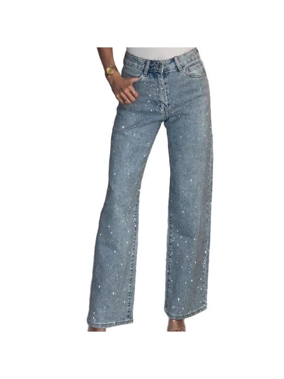 Women’s High-Waisted Rhinestone Washed Jeans, Full-Diamond Straight-Leg Denim Pants, Premium Fashion Long Pants, Slim Stretch Casual Streetwear for Daily & Night Out