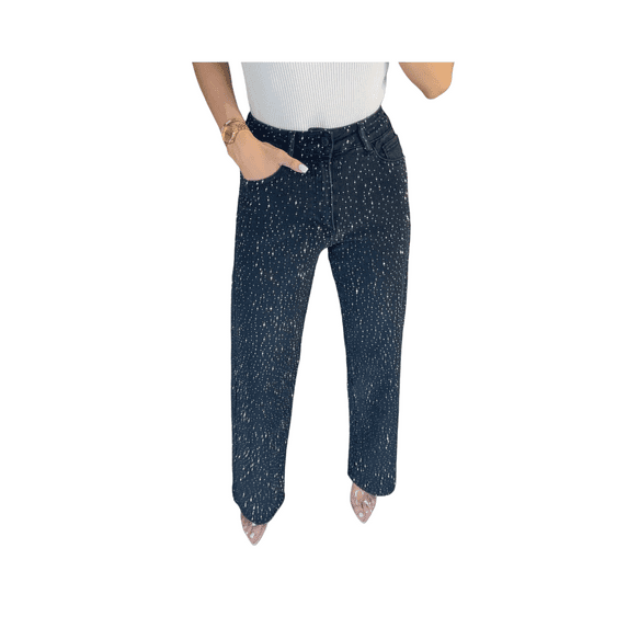 Women’s High-Waisted Rhinestone Washed Jeans, Full-Diamond Straight-Leg Denim Pants, Premium Fashion Long Pants, Slim Stretch Casual Streetwear for Daily & Night Out