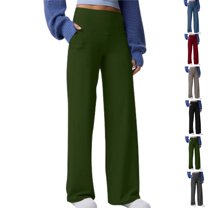 Women's High Waisted Ribbed Flare Leggings with Pockets Stretchy Wide Leg Yoga Pants Comfy Workout Casual Bell Bottom Trousers Dark Green S