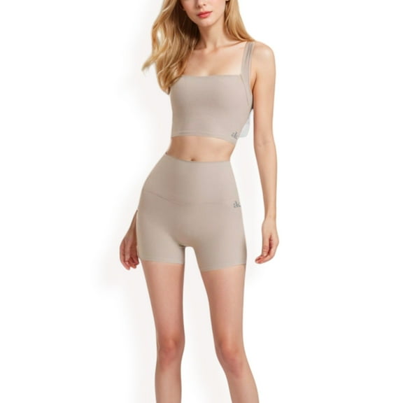 Women's High-Waisted Ribbed Shorts with Crisscross Back Detail - Medium, Khaki