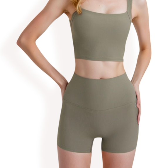 Women's High-Waisted Ribbed Shorts with Crisscross Back Detail - Small, Olive Green