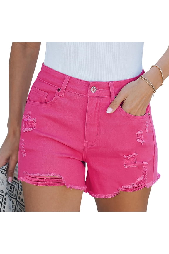 Women's High Waisted Ripped Denim Shorts Frayed Hem Stretchy Casual Beach Summer Jean Shorts Hot Pink L