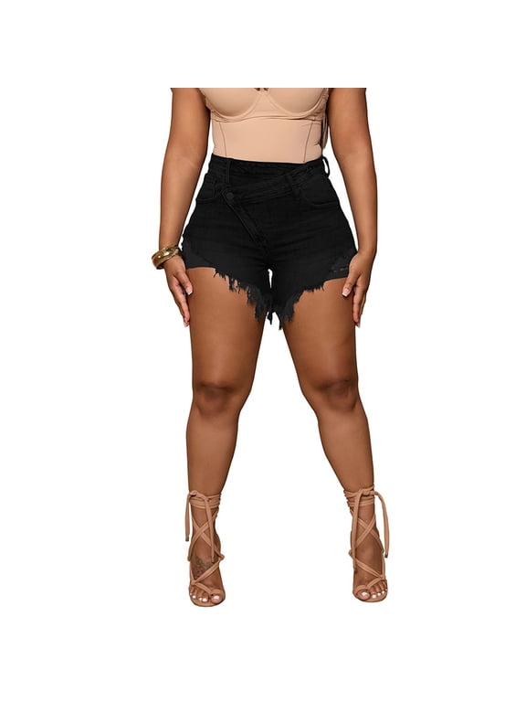 Women's High Waisted Ripped Denim Shorts with Pockets Frayed Raw Hem Distressed Jean Shorts for Summer Casual Wear Black XL