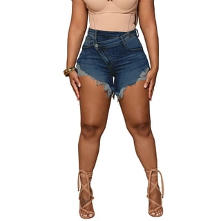 Women's High Waisted Ripped Denim Shorts with Pockets Frayed Raw Hem Distressed Jean Shorts for Summer Casual Wear Dark Blue 2XL