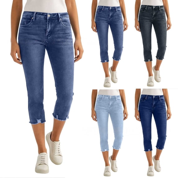 Women's High Waisted Ripped Skinny Jeans Stretchy Denim with Pockets Cropped