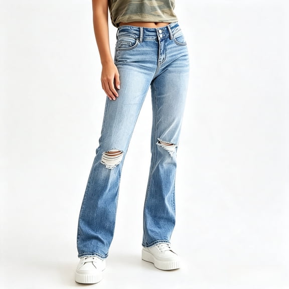Women's High Waisted Ripped Straight Leg Denim Jeans with Distressed Knee Hole and Double Button Fly, Light Blue Washed Frayed Hem Long Pants