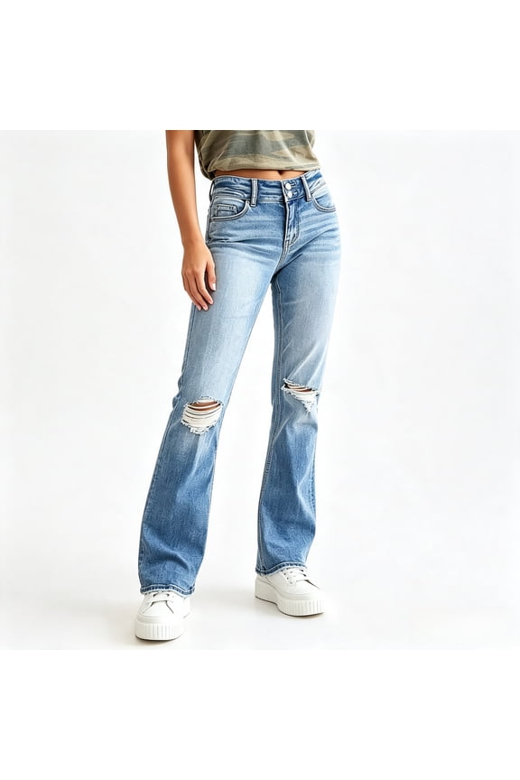 Women's High Waisted Ripped Straight Leg Denim Jeans with Distressed Knee Hole and Double Button Fly, Light Blue Washed Frayed Hem Long Pants