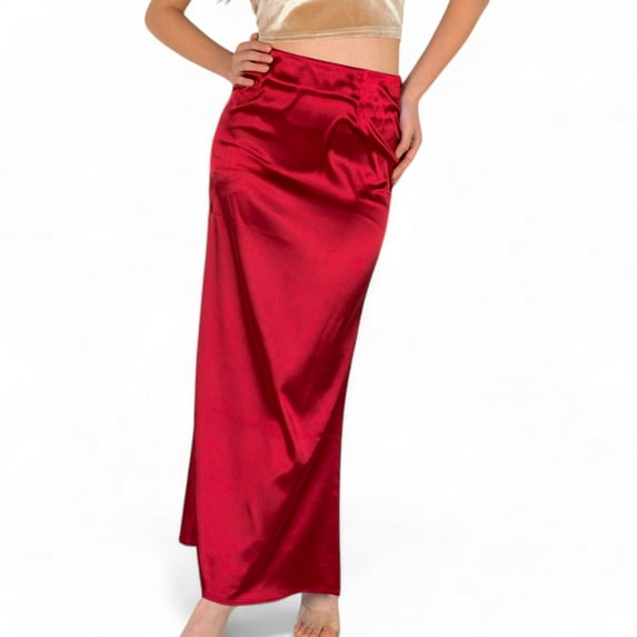 Women's High-Waisted Satin Maxi Skirt - Medium, Burgundy