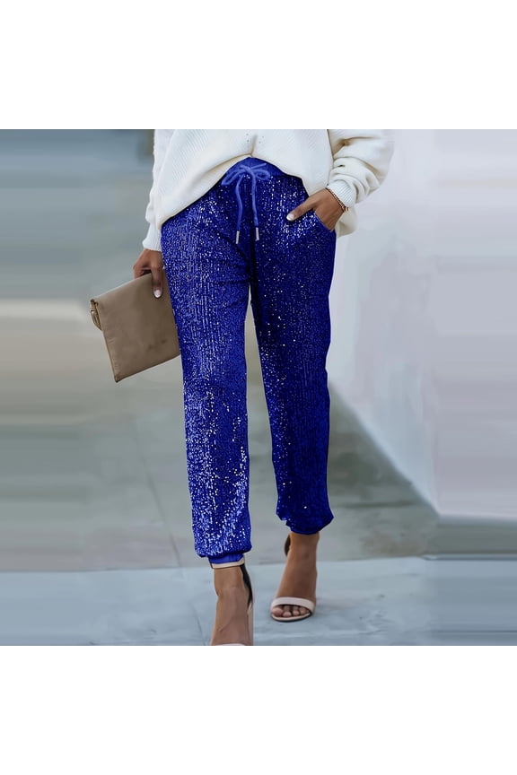 Women's High Waisted Sequin Drawstring Pants Trousers Slacks Casual Long Pants with Pockets Elastic Waistband Stretchy Flowy Lounge Wear for Daily Travel Essentials | Aestivo,Gold M