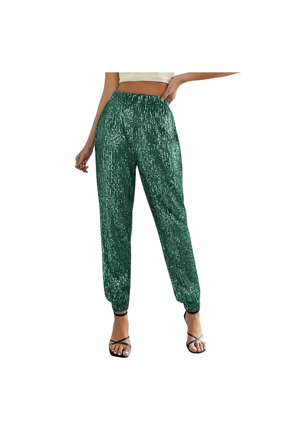 Women's High Waisted Sequin Joggers - Sparkle Loose Party Pants with Pockets, Elastic Waist Stretch Comfy Lounge Trousers for Night Club Holiday