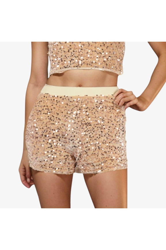 Women's High-Waisted Sequin Shorts with Elastic Waistband - Large, Gold