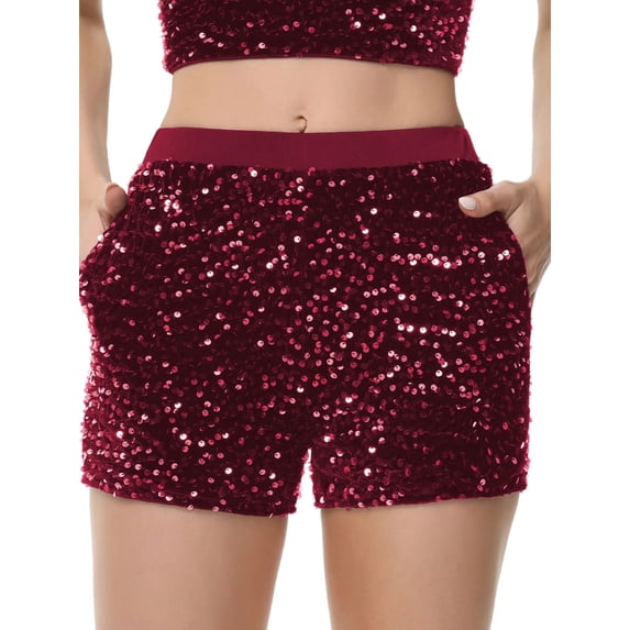 Women's High-Waisted Sequin Shorts with Elastic Waistband and Side Pockets - Medium, Burgundy Red
