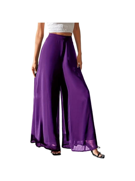 Women's High Waisted Sheer Wide Leg Pants Flowy Chiffon Palazzo Trousers with Lining