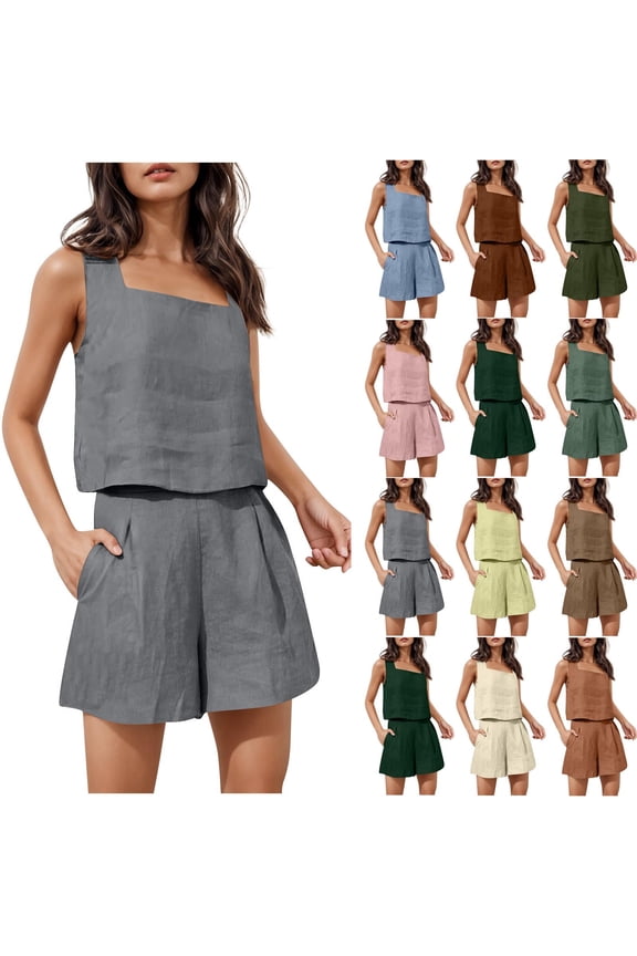 Women's High Waisted Shorts and Button Down Sleeveless Blouse Set, Solid Color Square Neck Top with Pockets, Casual Daily Work Office Lounge Wear Outfit, Comfortable Stylish Travel Essentials for Wom