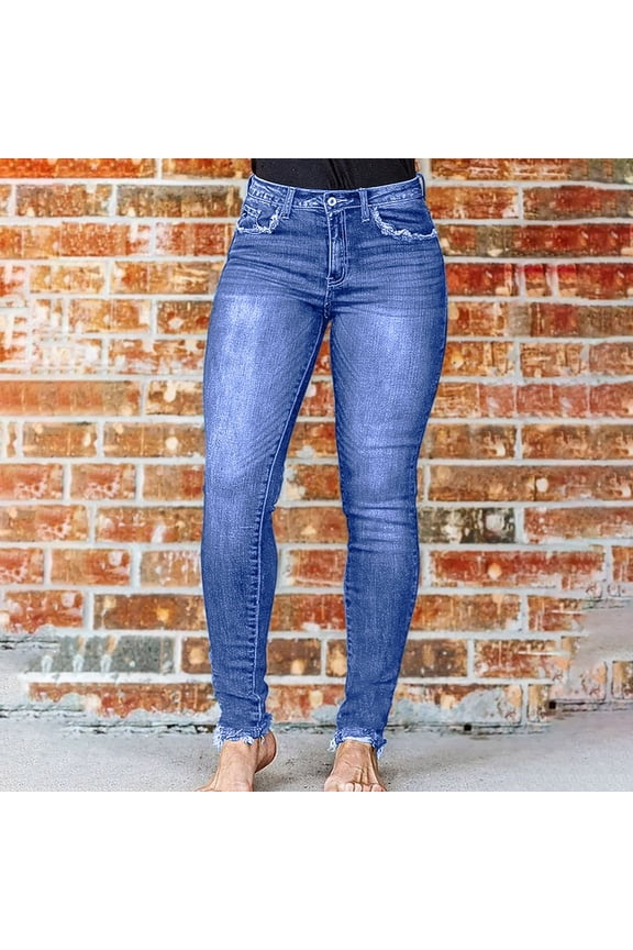 Women's High Waisted Skinny Jeans, Medium Wash Slim Fit Denim Pants with Worn-In Hem and Pocket Details, Stretchy Slim Leg Jeans for Women Casual Wear Blue M