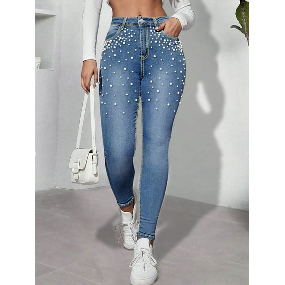 Women's High - Waisted Skinny Jeans Pearl - Embellished, Elegant Glam Trend Fashion Party Casual Cotton Denim, Stretchy Fit Light Blue Wash Fashion Party Casual Pants