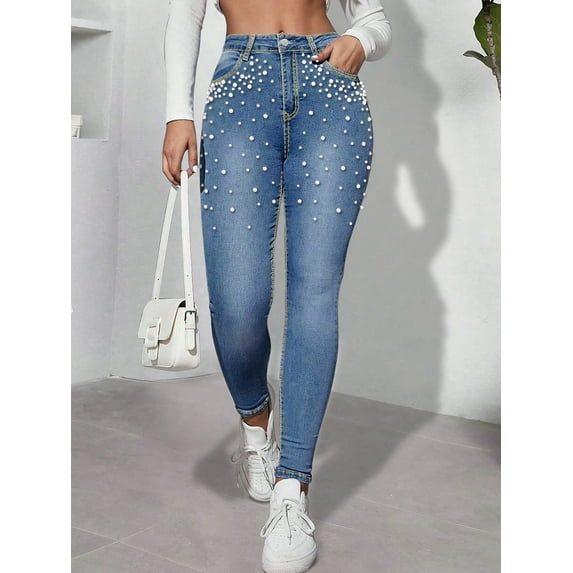 Women's High - Waisted Skinny Jeans Pearl - Embellished, Elegant Glam Trend Fashion Party Casual Cotton Denim, Stretchy Fit Light Blue Wash Fashion Party Casual Pants