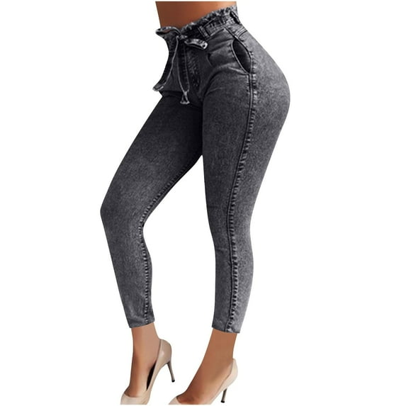 Women's High Waisted Skinny Jeans Plus Size Slim Fitting Stretch Denim Pants with Belt Skinny Jeans Gray M
