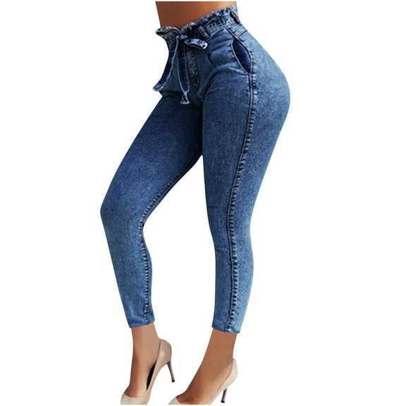 Women's High Waisted Skinny Jeans Plus Size Slim Fitting Stretch Denim Pants with Belt ladies Flare Bottom Jeans Dark Blue XXL